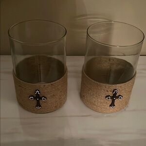 Rustic Glass Candle Holder Set with Cross Accent